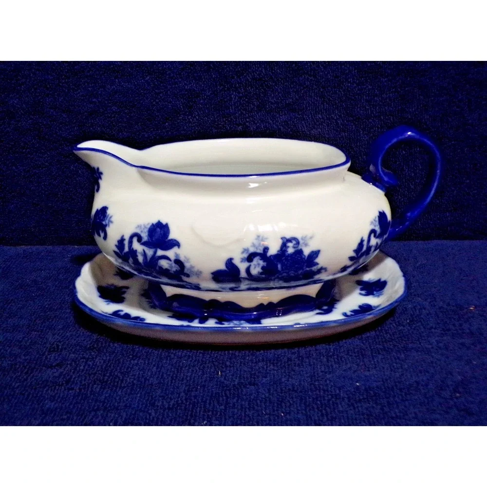 Vintage Johnson Bros. Flow Blue & White Gravy‎ Boat with Flow Blue Underplate